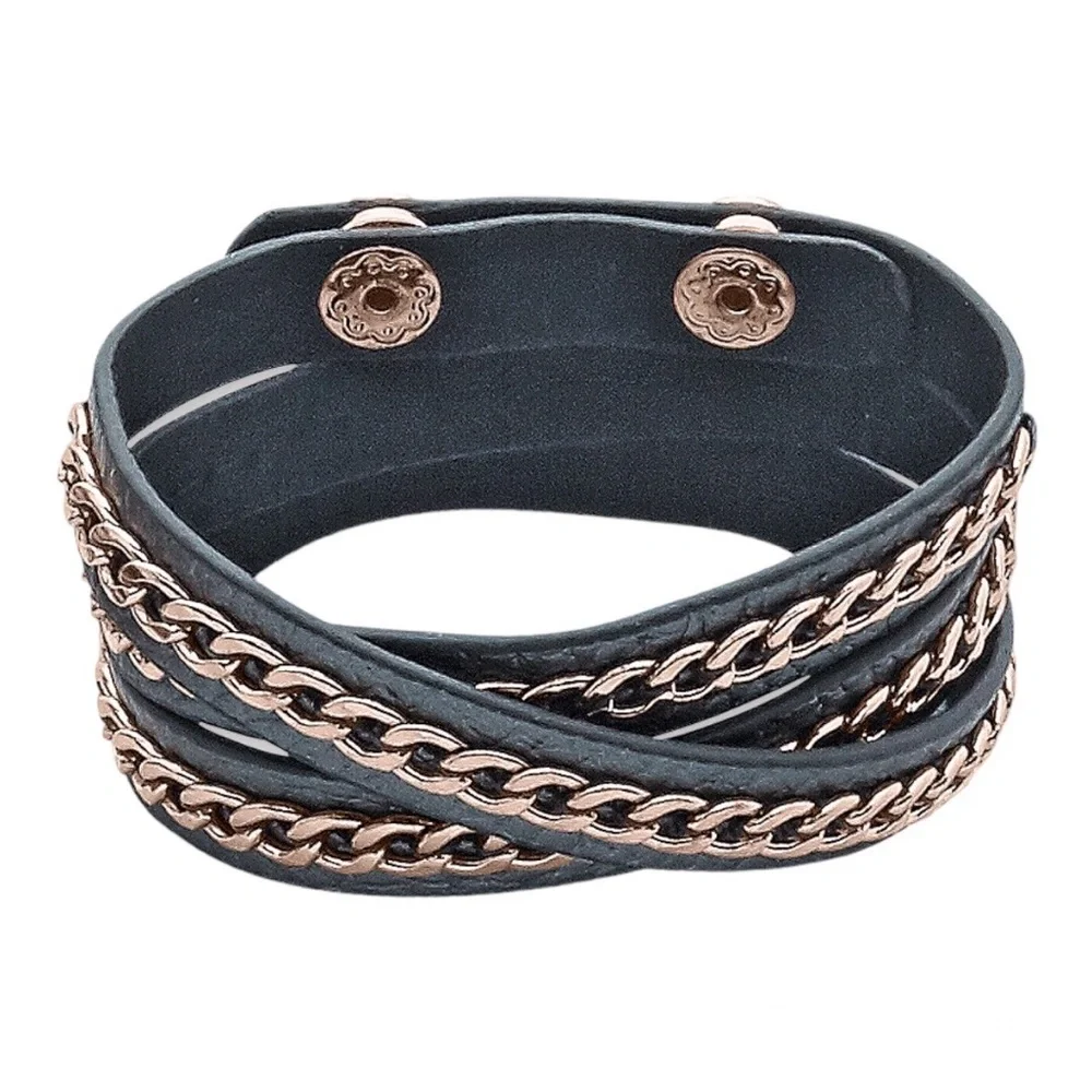 Premier Designs On the Edge Gray Leather, Rose Gold Tone Details Wrap Bracelet